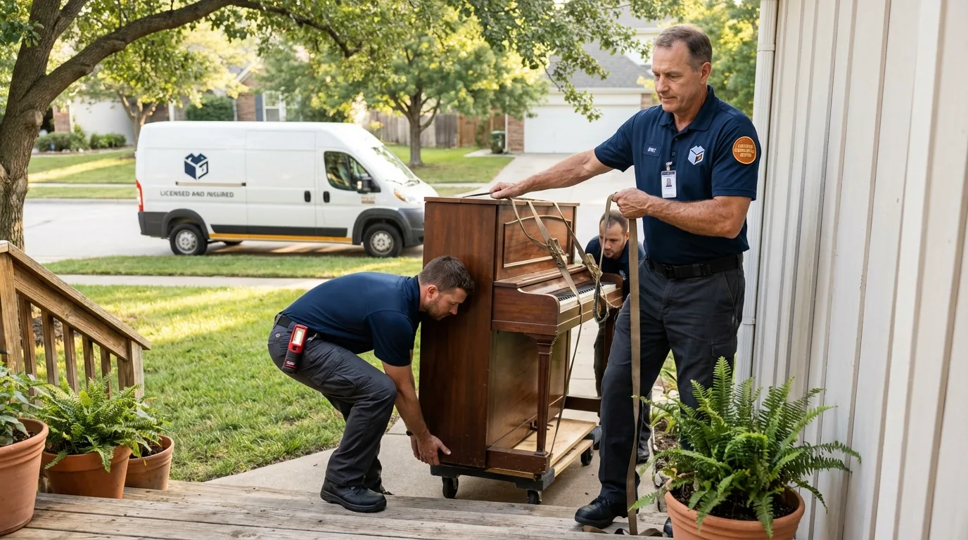 Licensed piano movers securing grand piano in Orono, ME