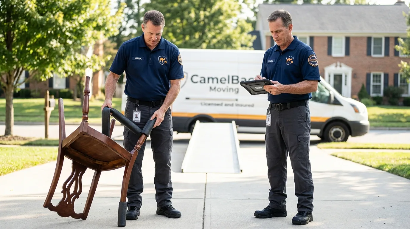 Movers inspecting furniture for damage prevention before loading in Orono, ME