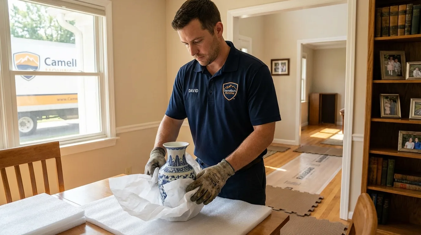 Professional crew carefully wrapping antique vase for senior downsizing move in Orono, ME